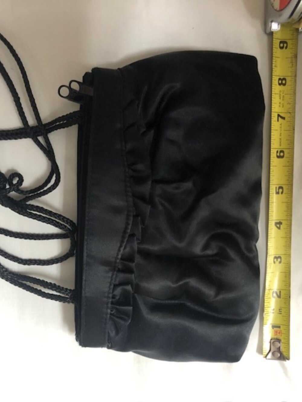 Black satin bag with 2 zippered compartments